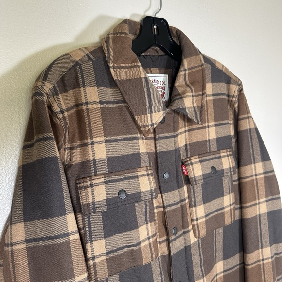 Levi's Quilted Lined Snap Flannel Shacket Adult Small Brown Beige Plaid Jacket - Picture 3 of 15